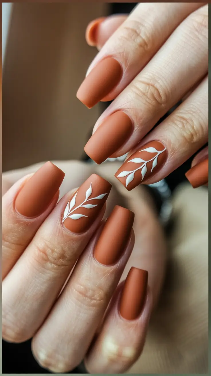 October nails color Terracotta Matte With Minimal Leaf Accents