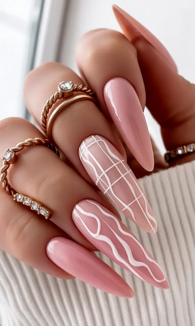 October nails color Blush Pink With Graphic White Lines