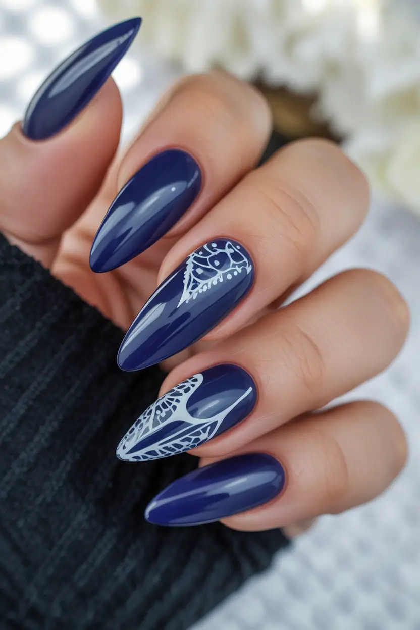October nails color Deep Navy With Delicate White Lace