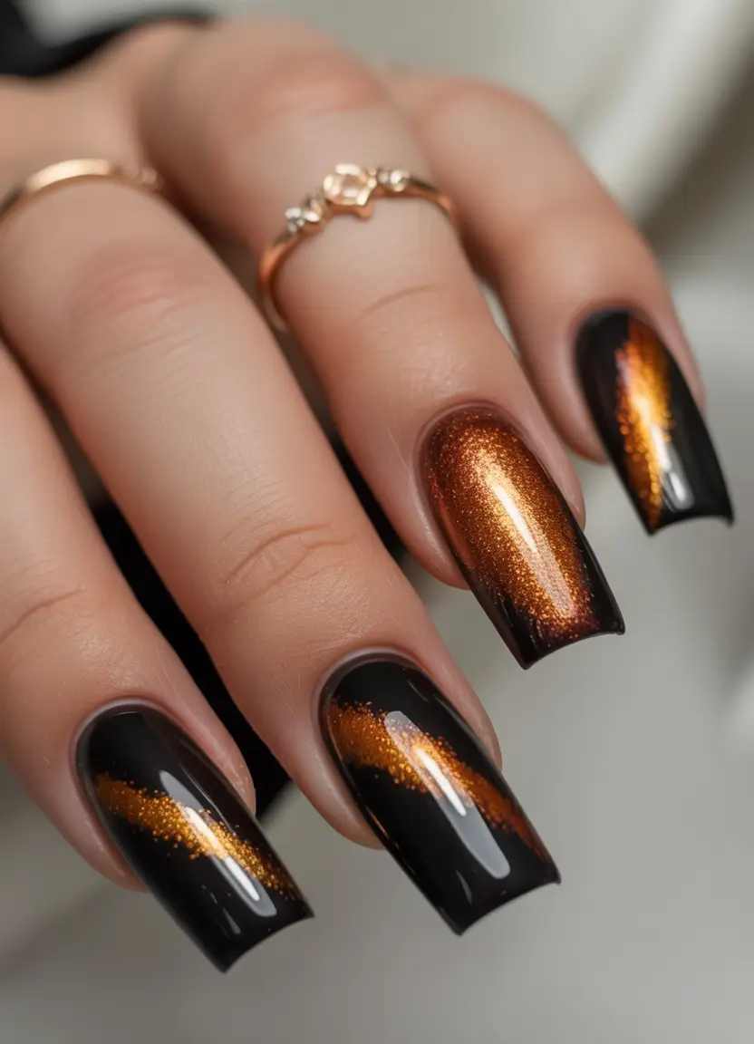 October nails color Black and Copper Cat-Eye Drama