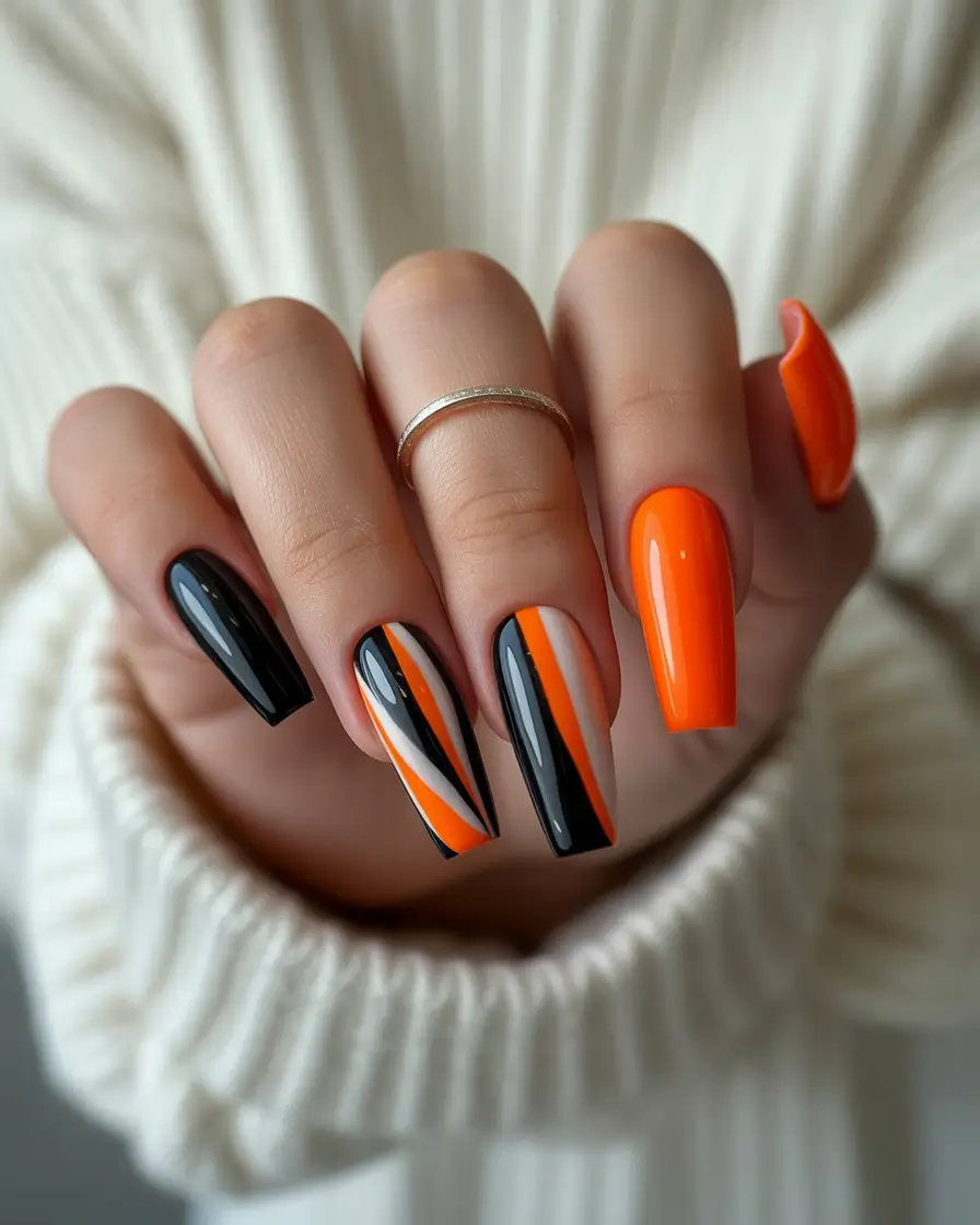 October nails color Halloween Orange and Black Geometry