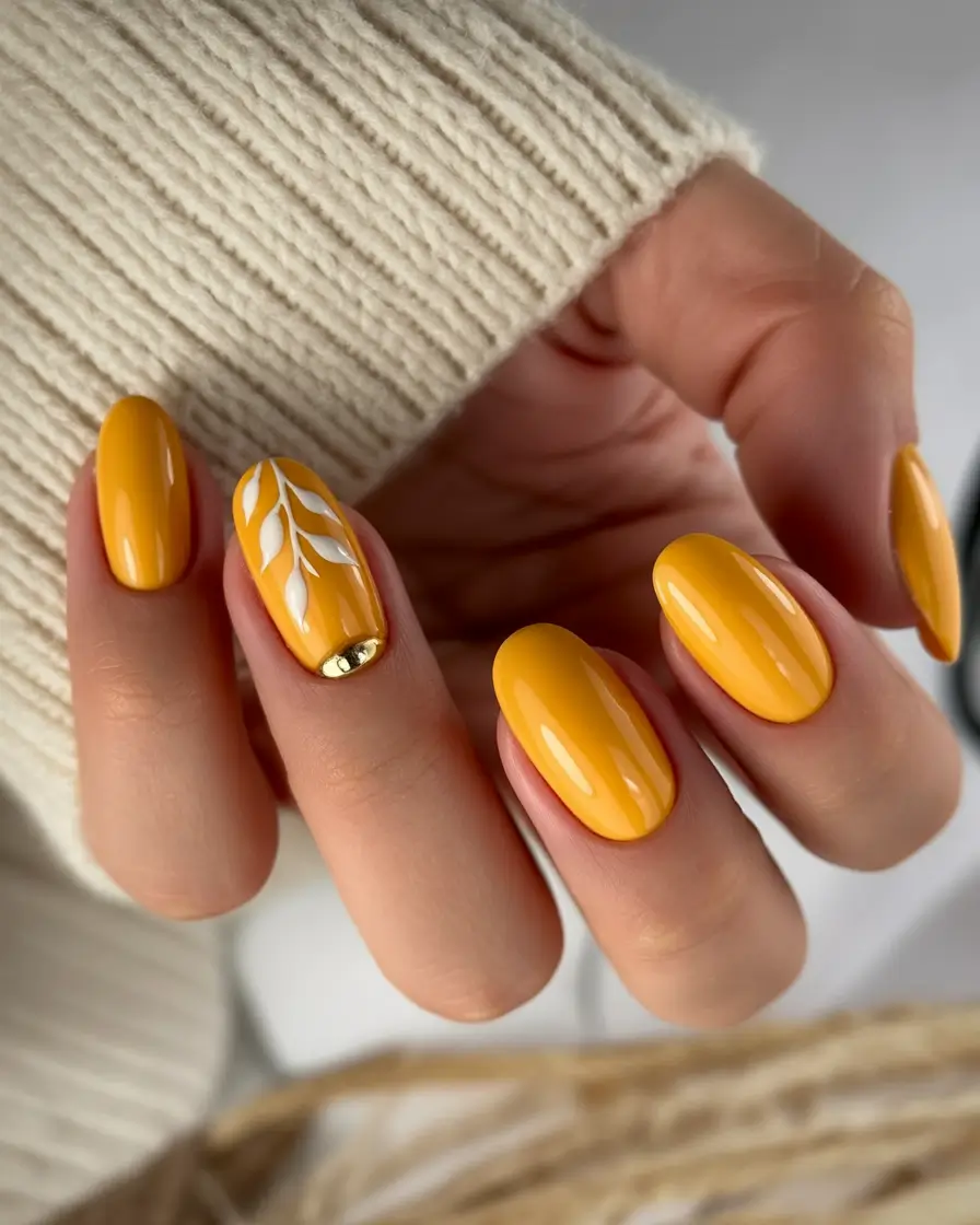 October nails color Golden Mustard Shine With Botanical Touch