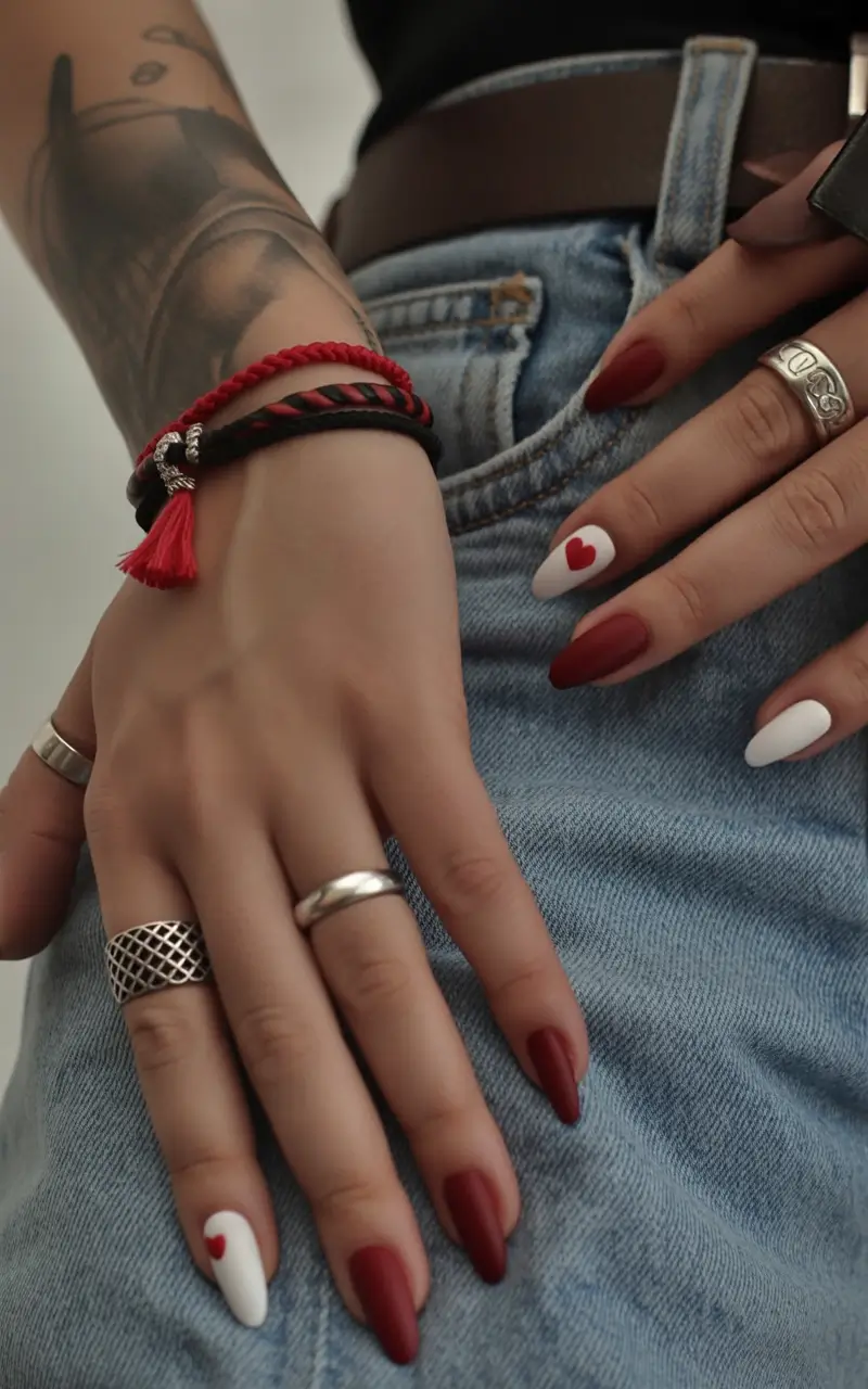 October nails color Classic Red and White With Heart Accents