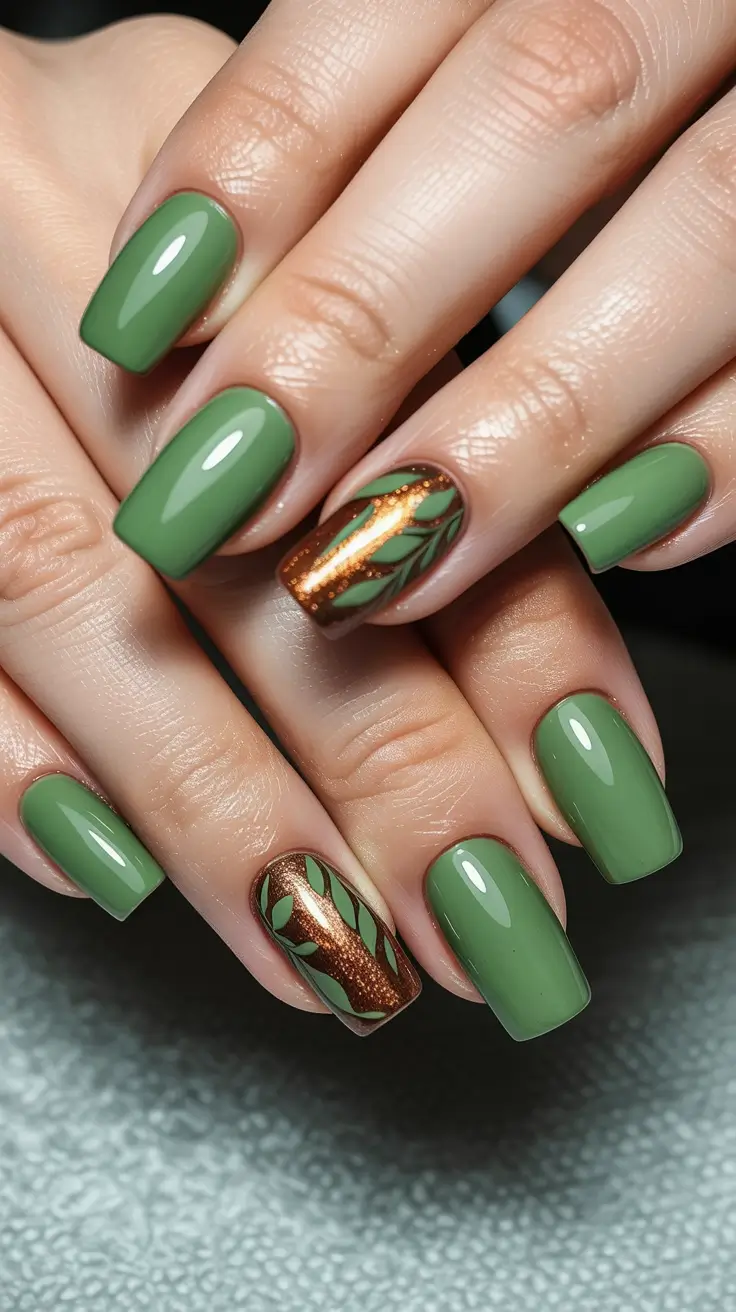October nails color Olive Green With Copper Spark