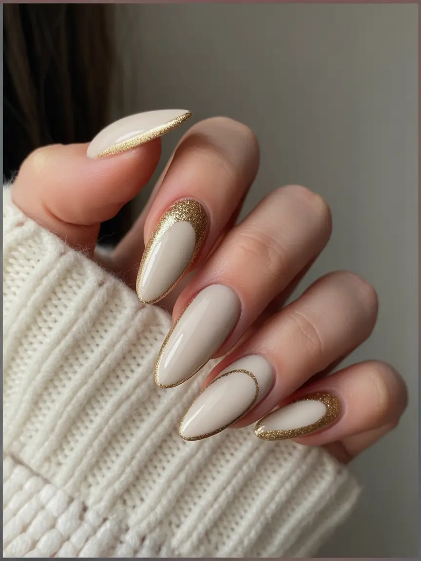 October nails color Champagne Nude With Gold Outlines