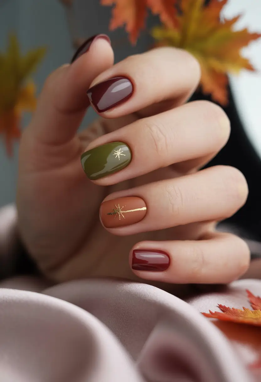 October nails color Autumn Tones Mix With Golden Starbursts