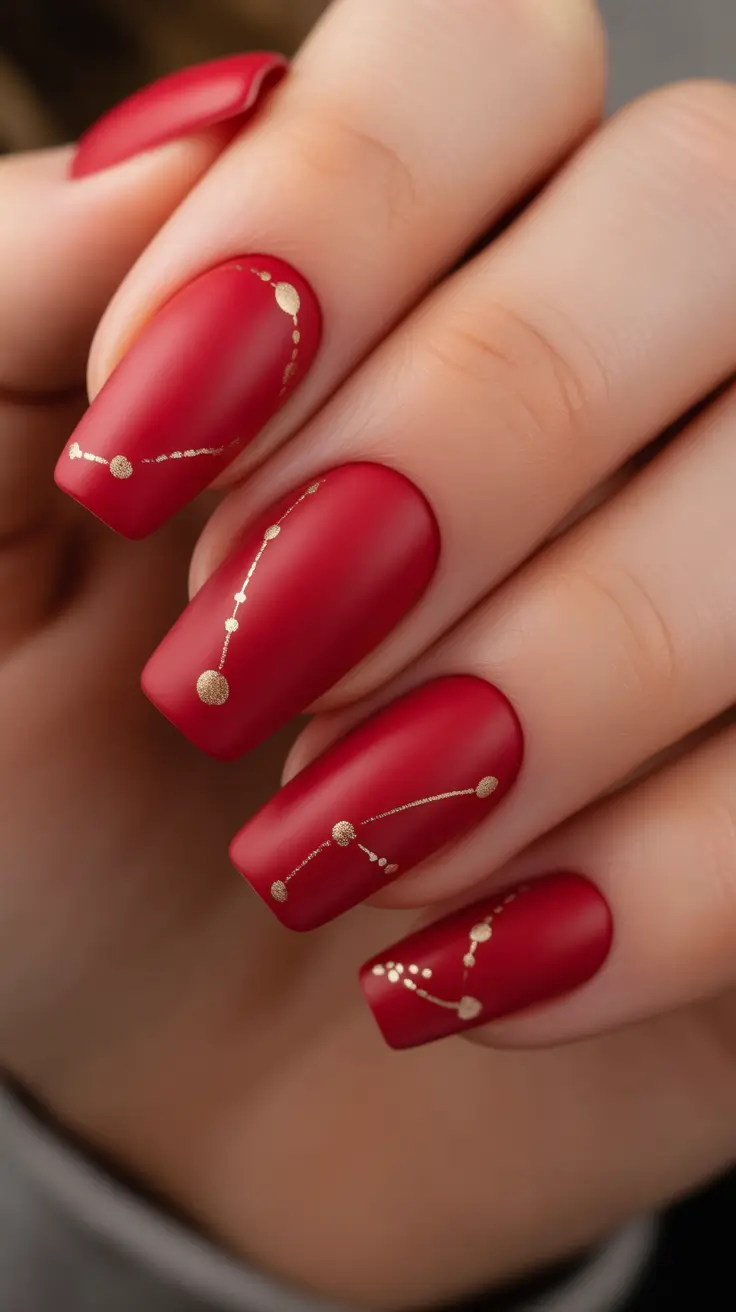 October nails color Velvety Crimson With Constellation Gold