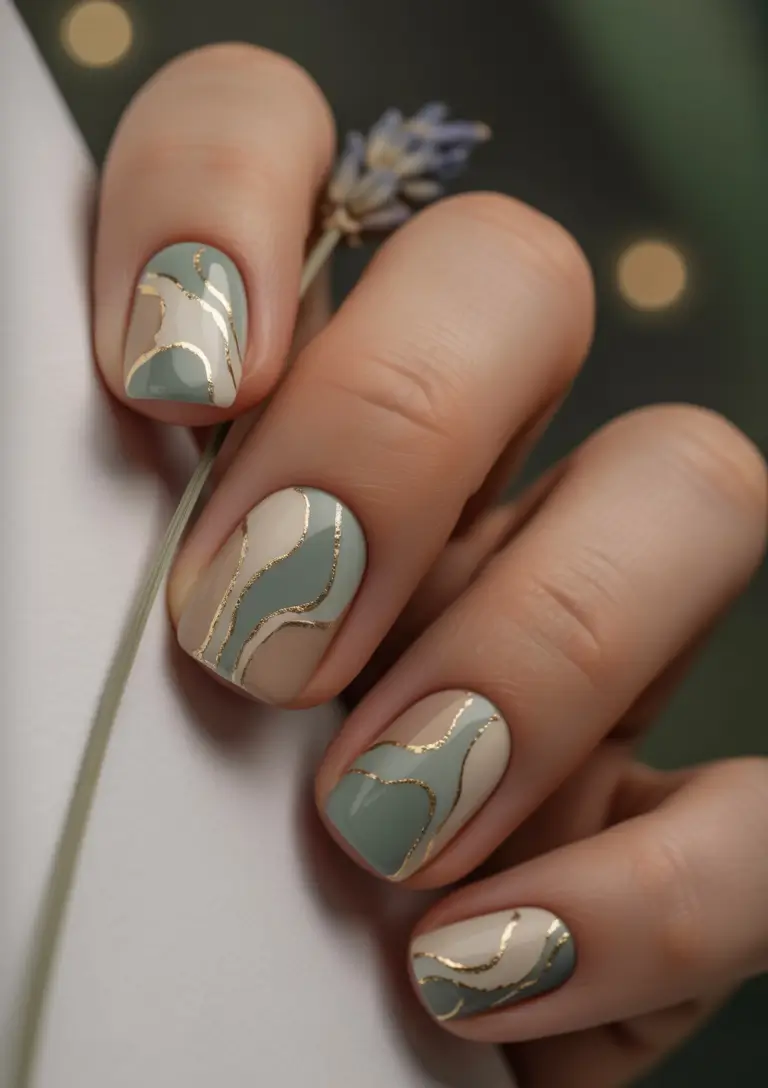 October nails color Abstract Sage and Nude With Golden Veins