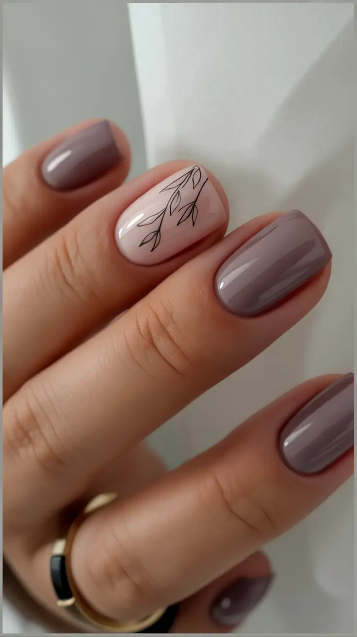 October nails color Mauve Taupe With Minimal Leaf Accent
