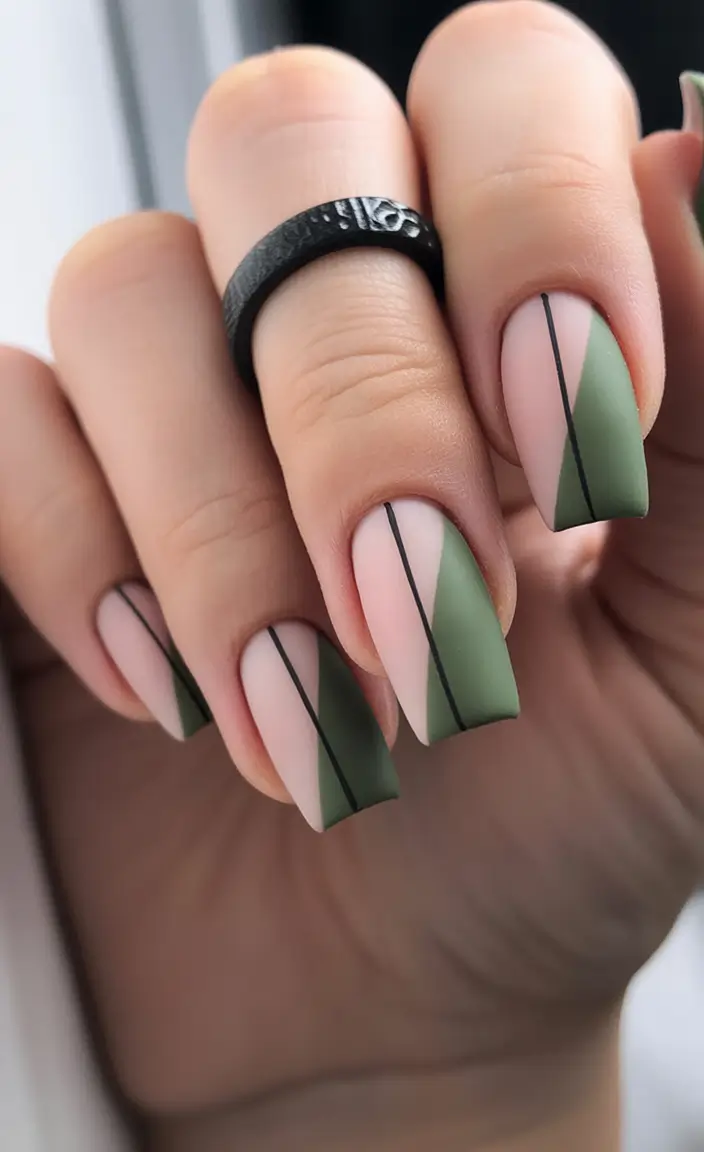 fall inspo nails Matte Green Geometry