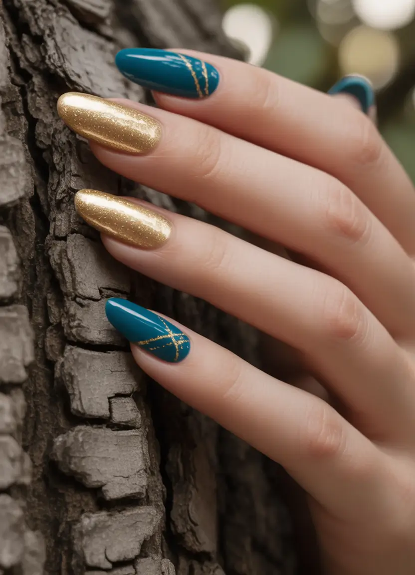 fall inspo nails Teal & Gold Luxe