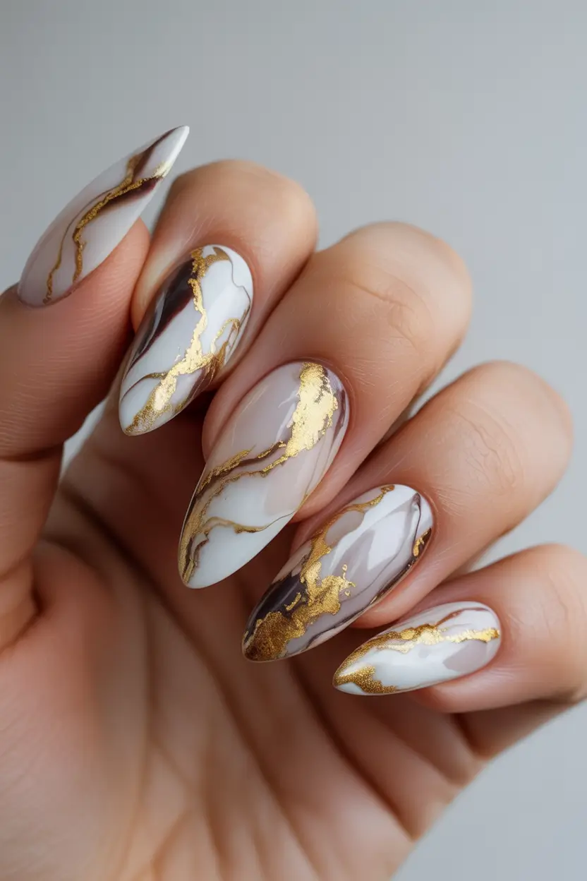 fall inspo nails Golden Marble Veins