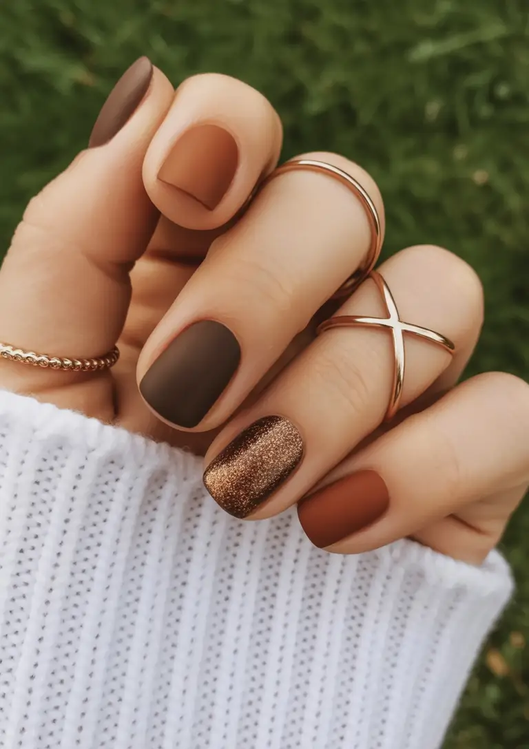 fall inspo nails Warm Matte & Sparkle Contrast
