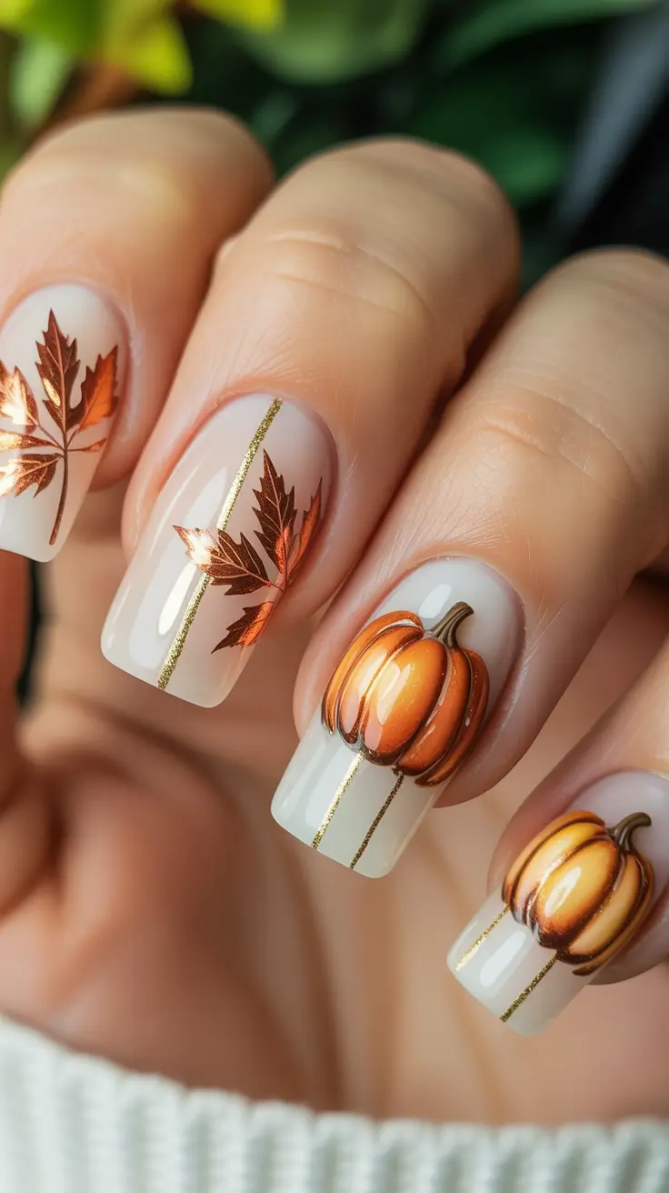 fall inspo nails Foil Leaf & Pumpkin Elegance