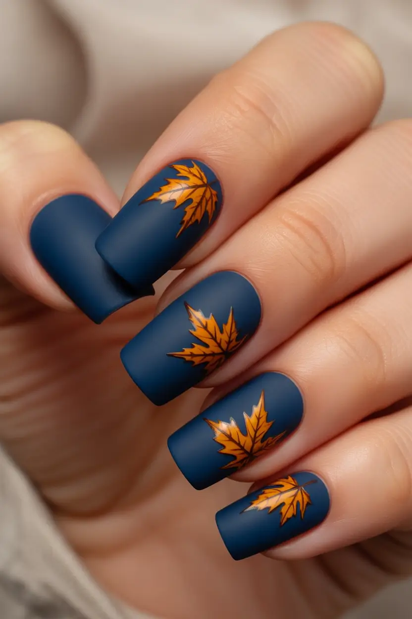 fall inspo nails Bold Navy with Autumn Leaves