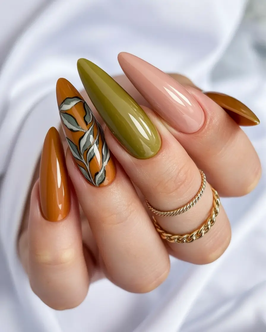 fall inspo nails Earthy Leaf Motif