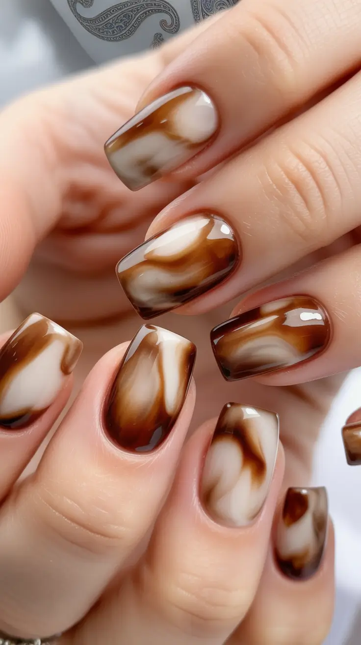 fall inspo nails Swirled Mocha Marble