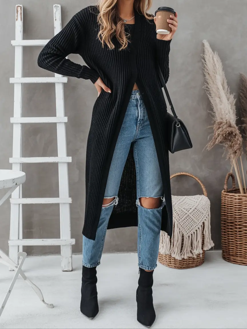 October outfits Black Cardigan and Denim Ease
