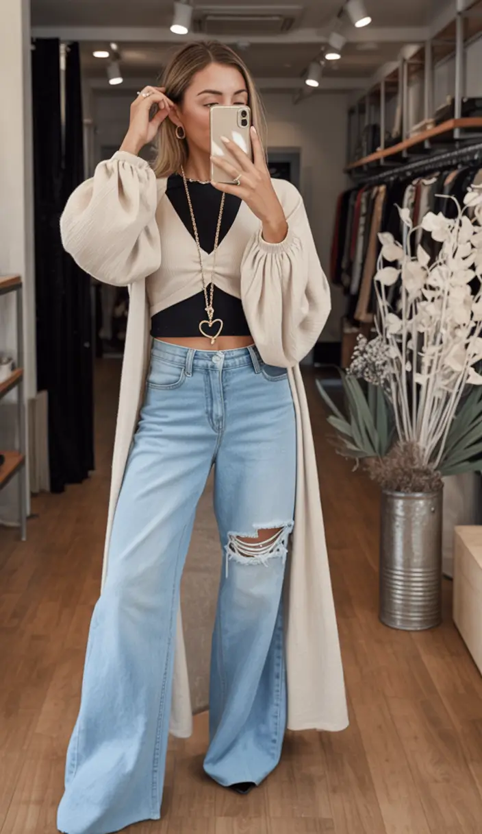 October outfits Wide-Leg Denim and Statement Sleeves