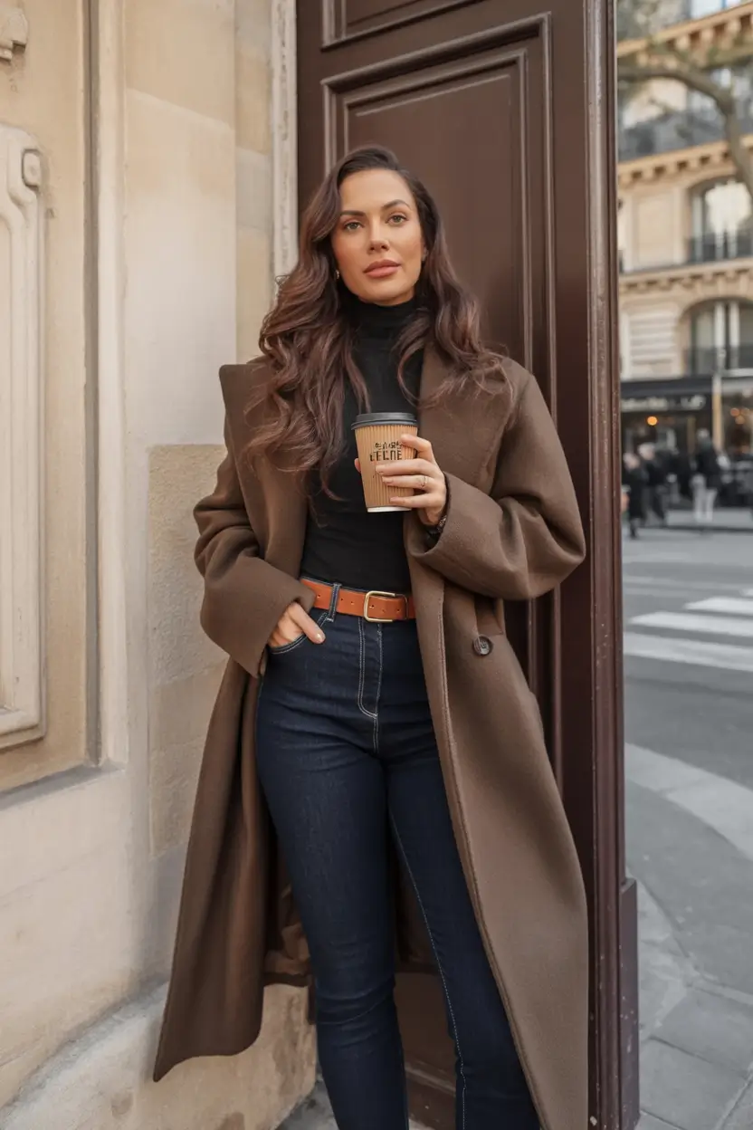 October outfits Brown Coat and Dark Denim Refinement