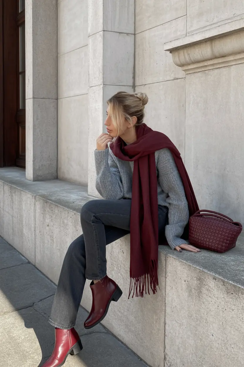 October outfits Cozy Contrast with Burgundy Touches