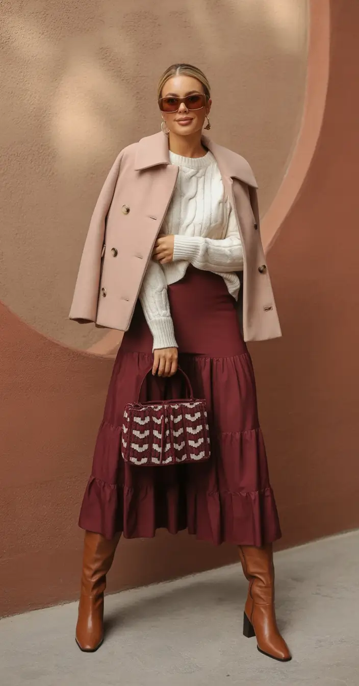 October outfits Burgundy Skirt with Polished Layers