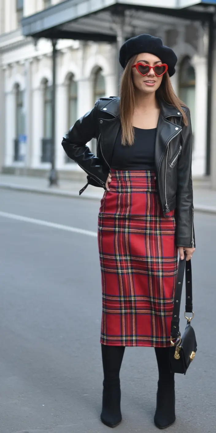 October outfits Playful Plaid Meets Rock Chic