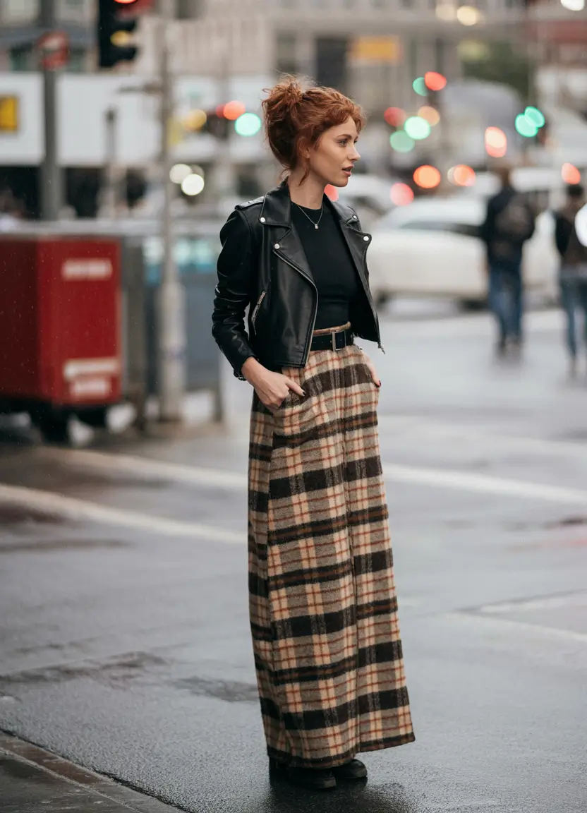 October outfits Soft Plaid Layers for a Rainy Stroll