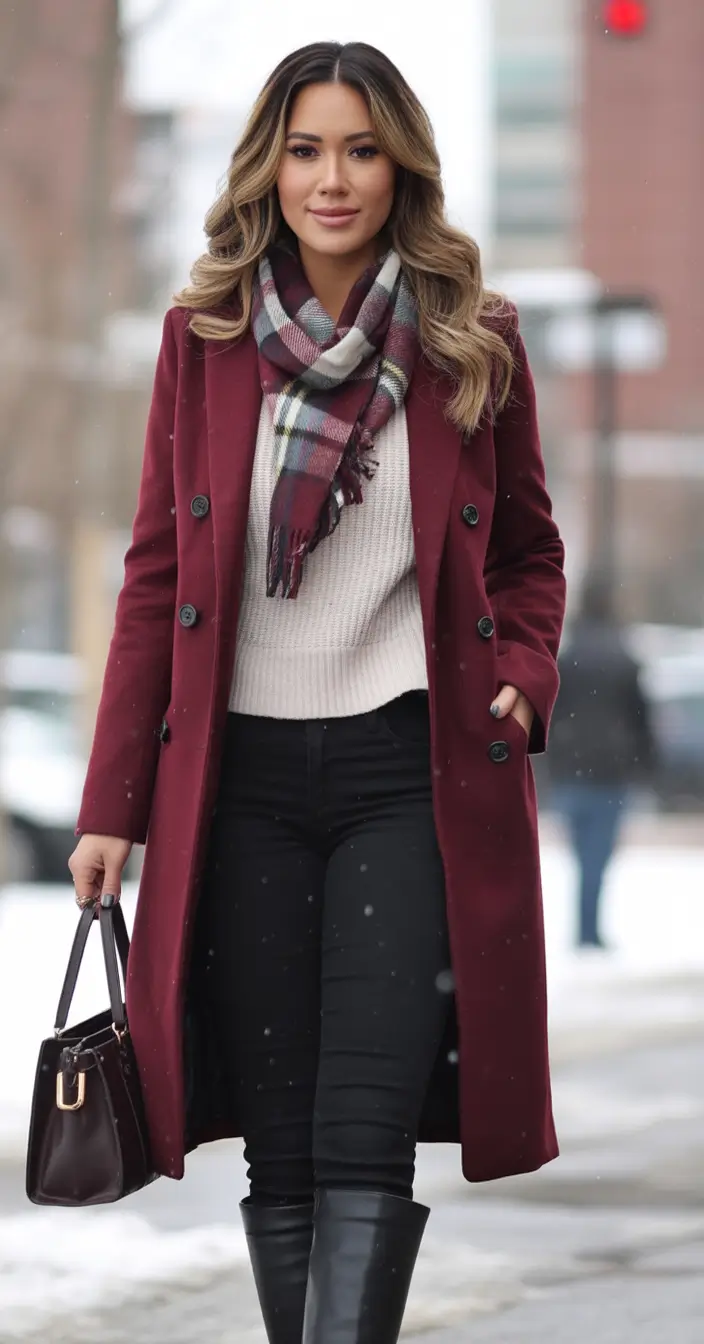fall winter outfits Burgundy and Plaid Harmony