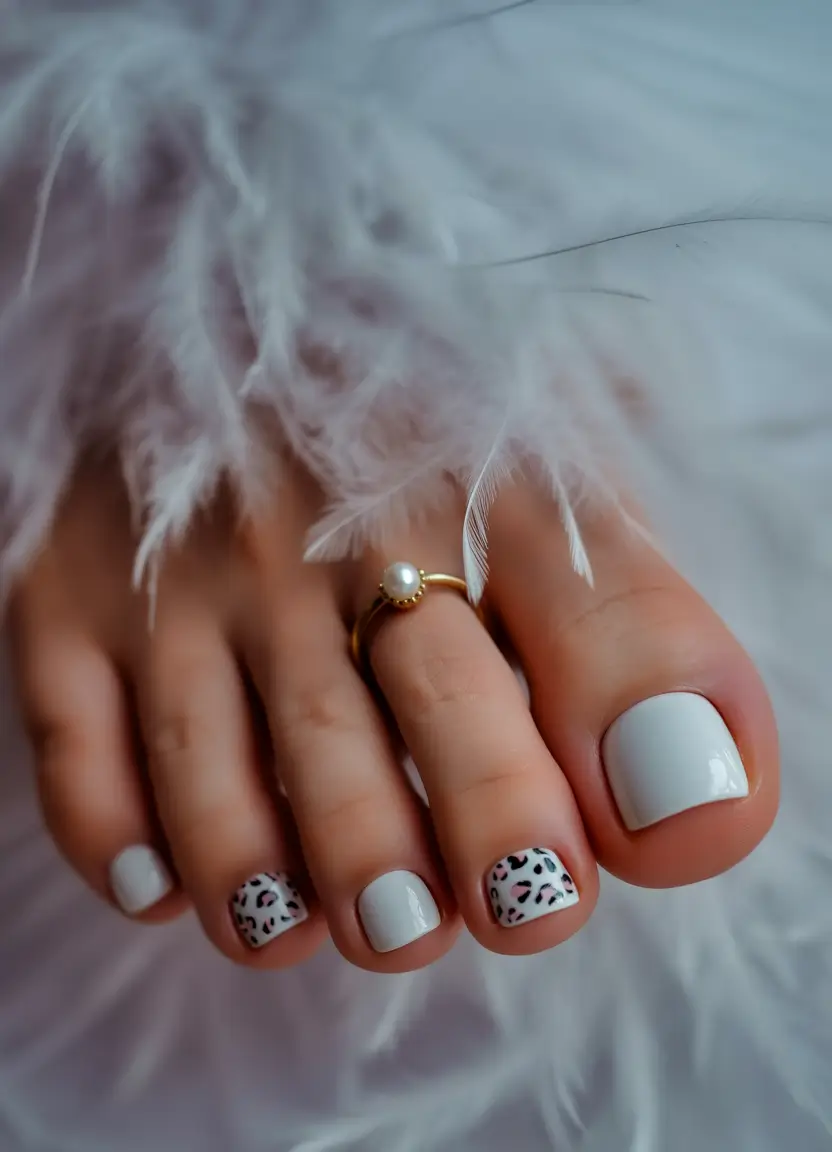 October toe nails Soft White with Animal Accent