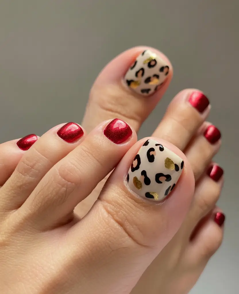 October toe nails Crimson and Leopard Glam
