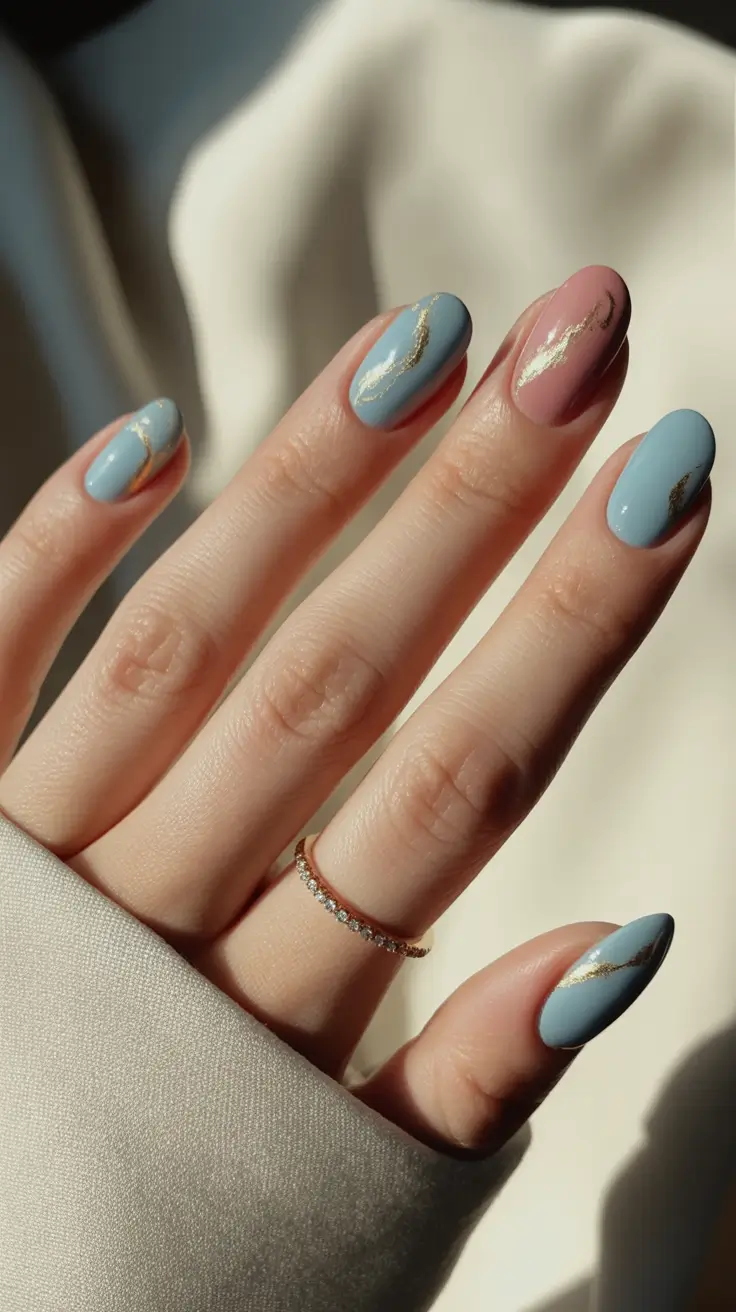 fall/winter nails color Soft Blue Elegance with Golden Touch