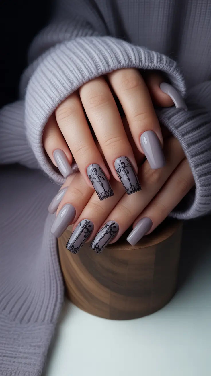 fall/winter nails color Lavender Grey with Lace Detailing