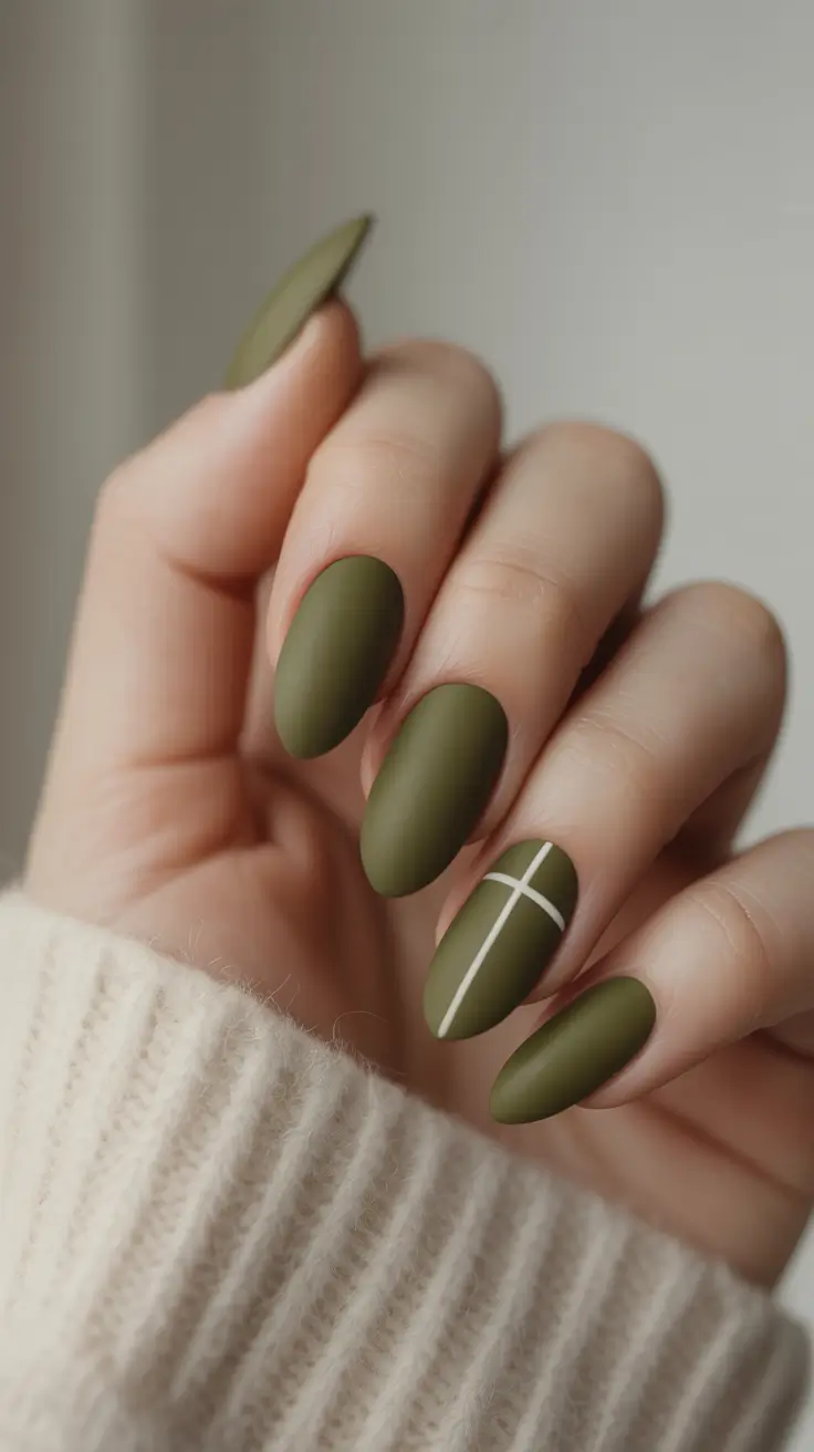fall/winter nails color Matte Olive Simplicity with Minimal Lines