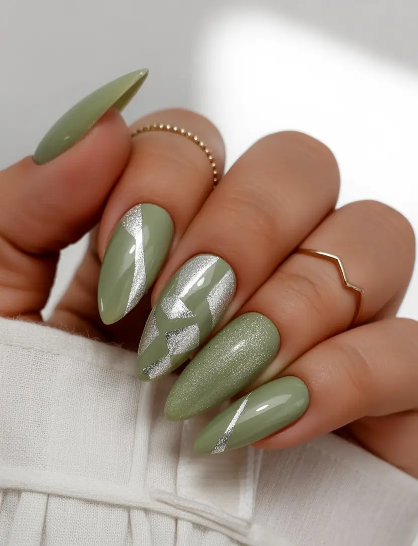 fall/winter nails color Sage Green with Silver Geometry
