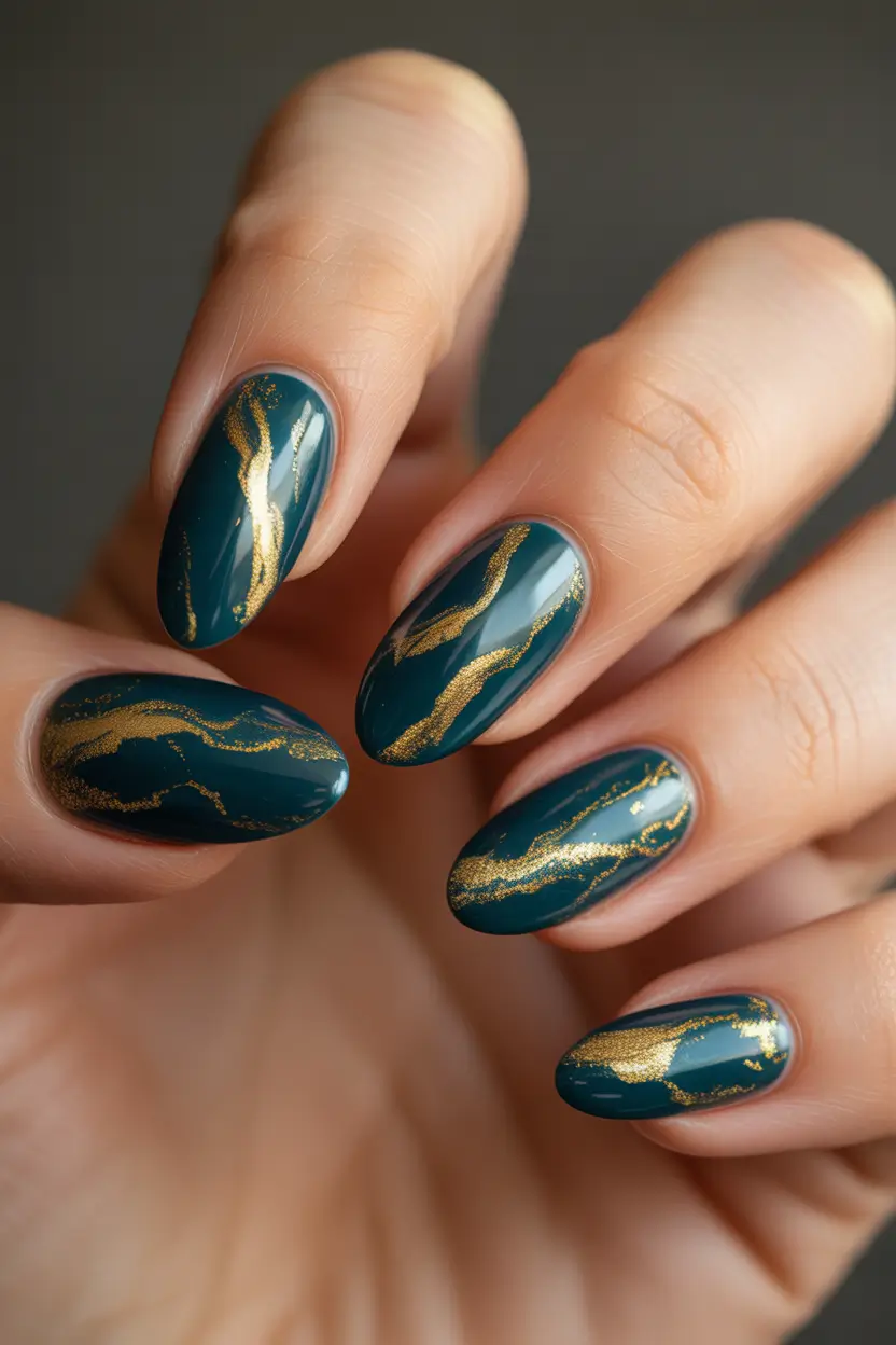 fall/winter nails color Emerald Glam with Golden Veins