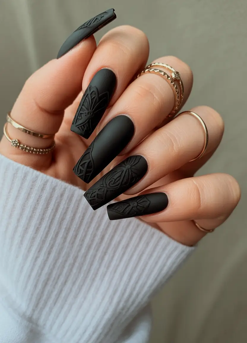 fall/winter nails color Matte Black with Sculpted Texture