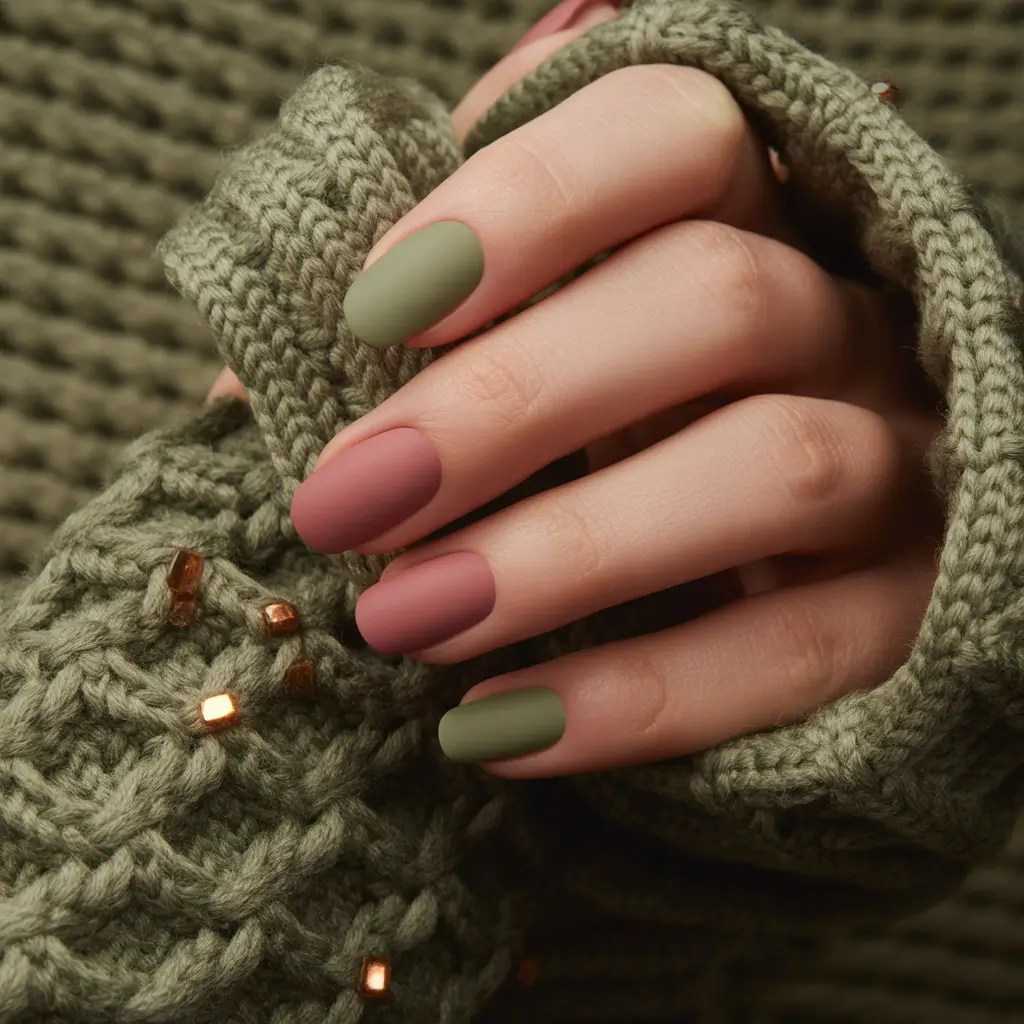 fall/winter nails color Matte Olive and Dusty Rose Duo