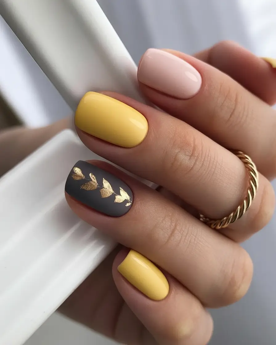 fall winter nails Golden Leaf Contrast