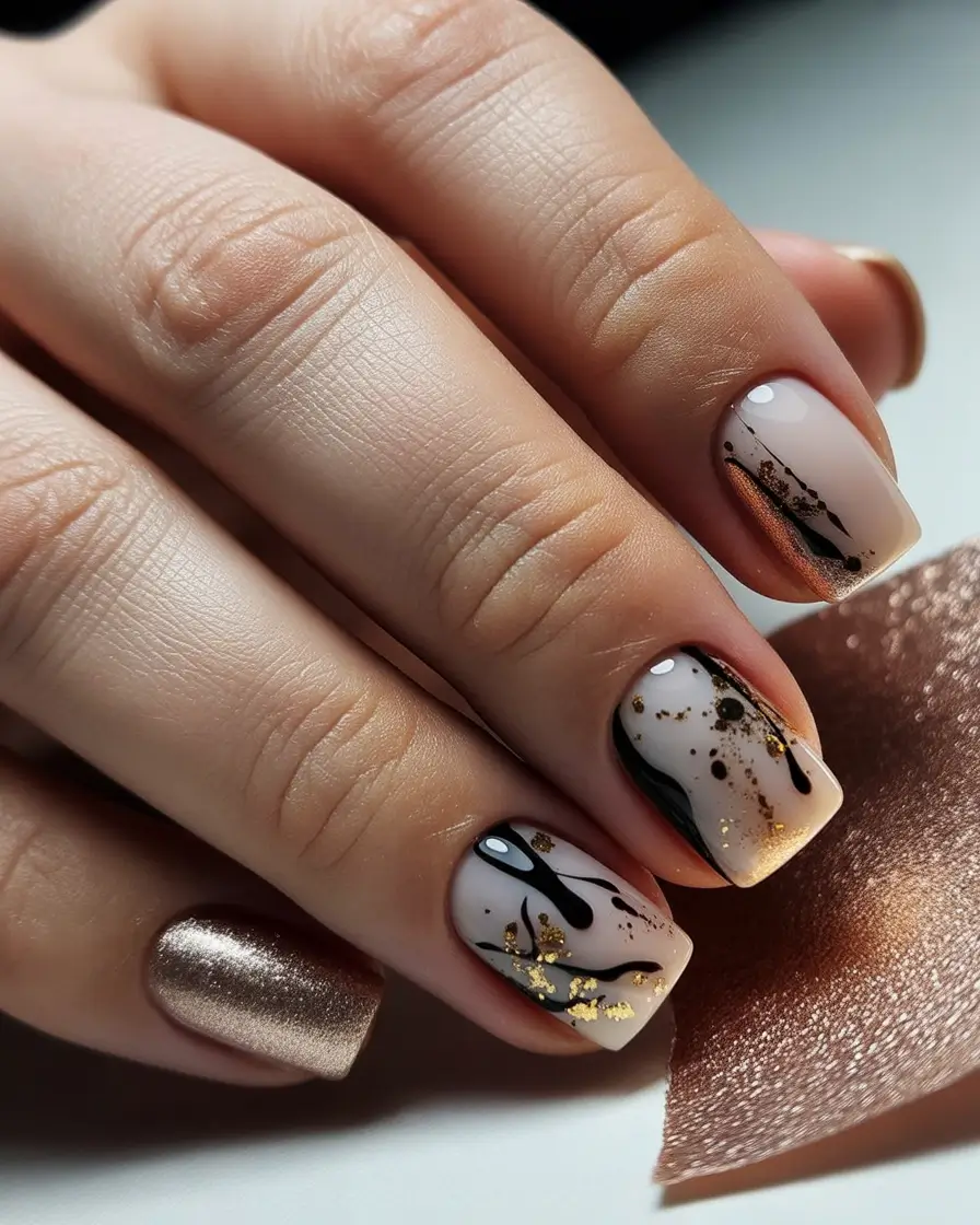 Fall Foil Accent Nails Molten Marble with Gold Highlights