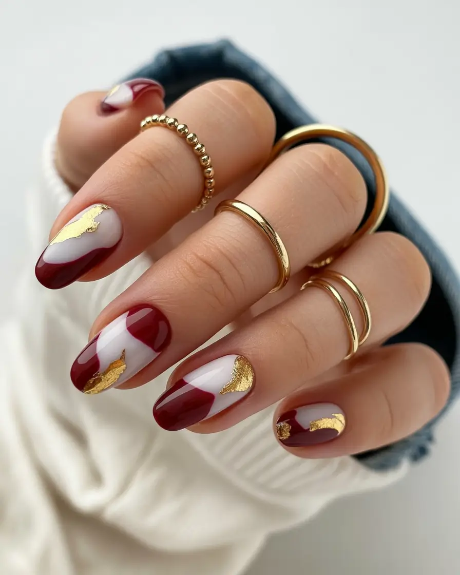 Fall Foil Accent Nails Wine & Ivory with Gold Accents