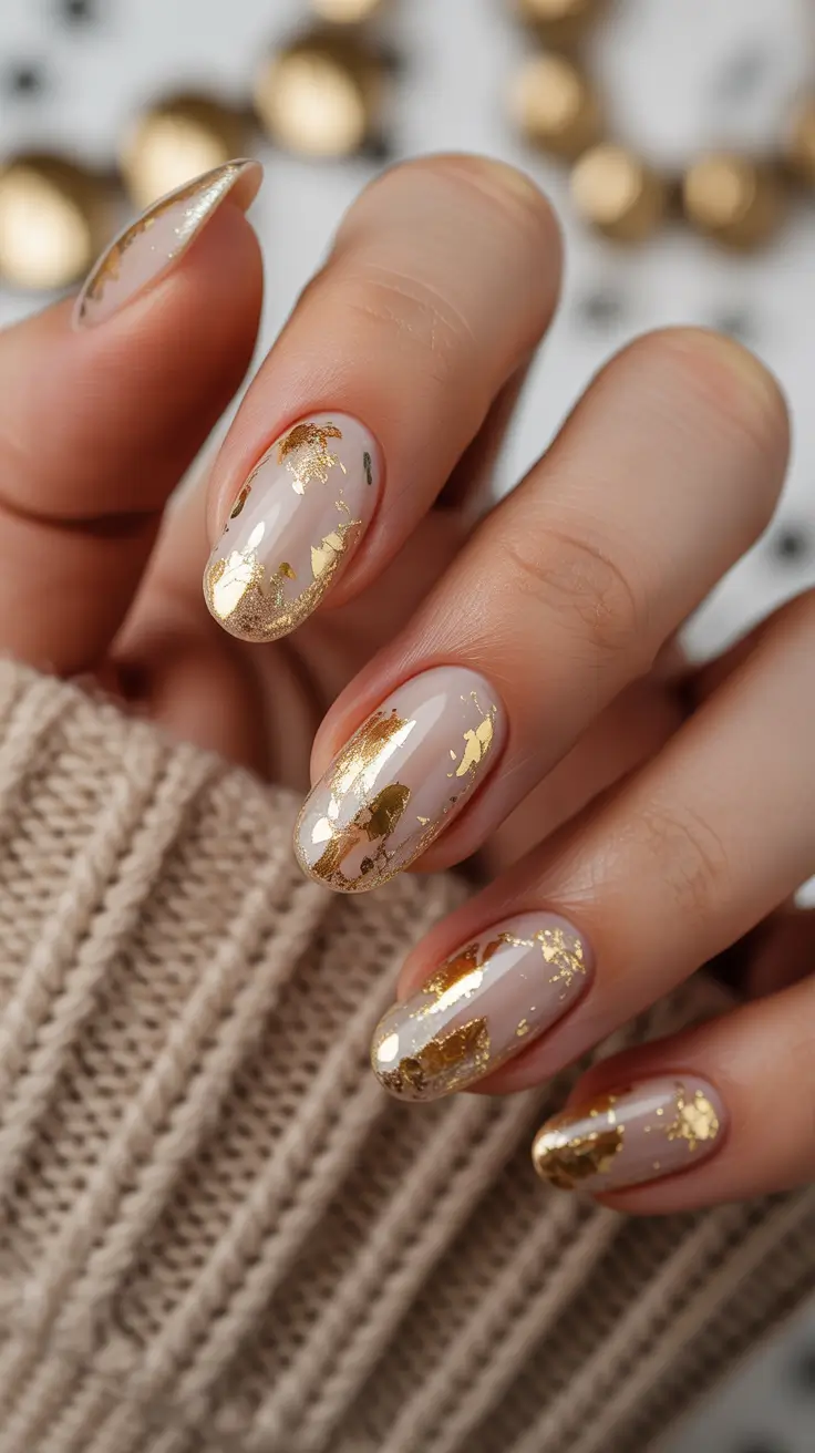 Fall Foil Accent Nails Golden Neutral Elegance