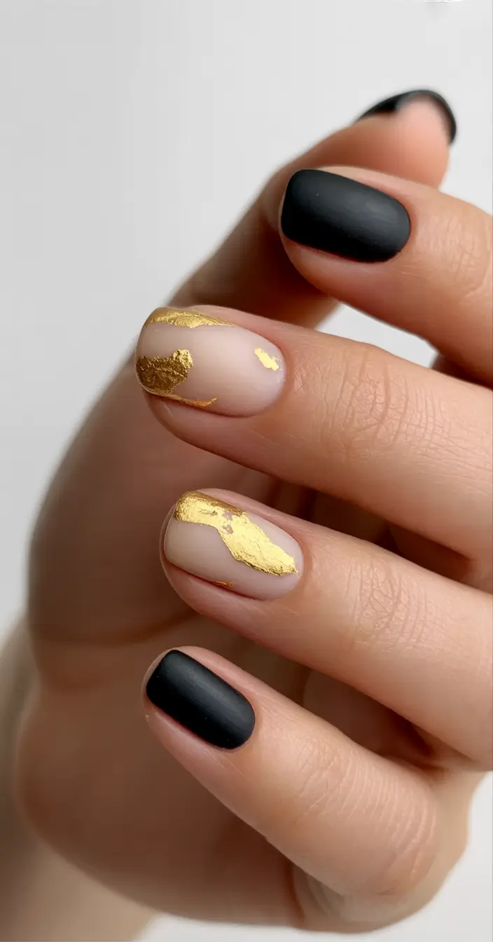 Fall Foil Accent Nails Matte Noir & Gold