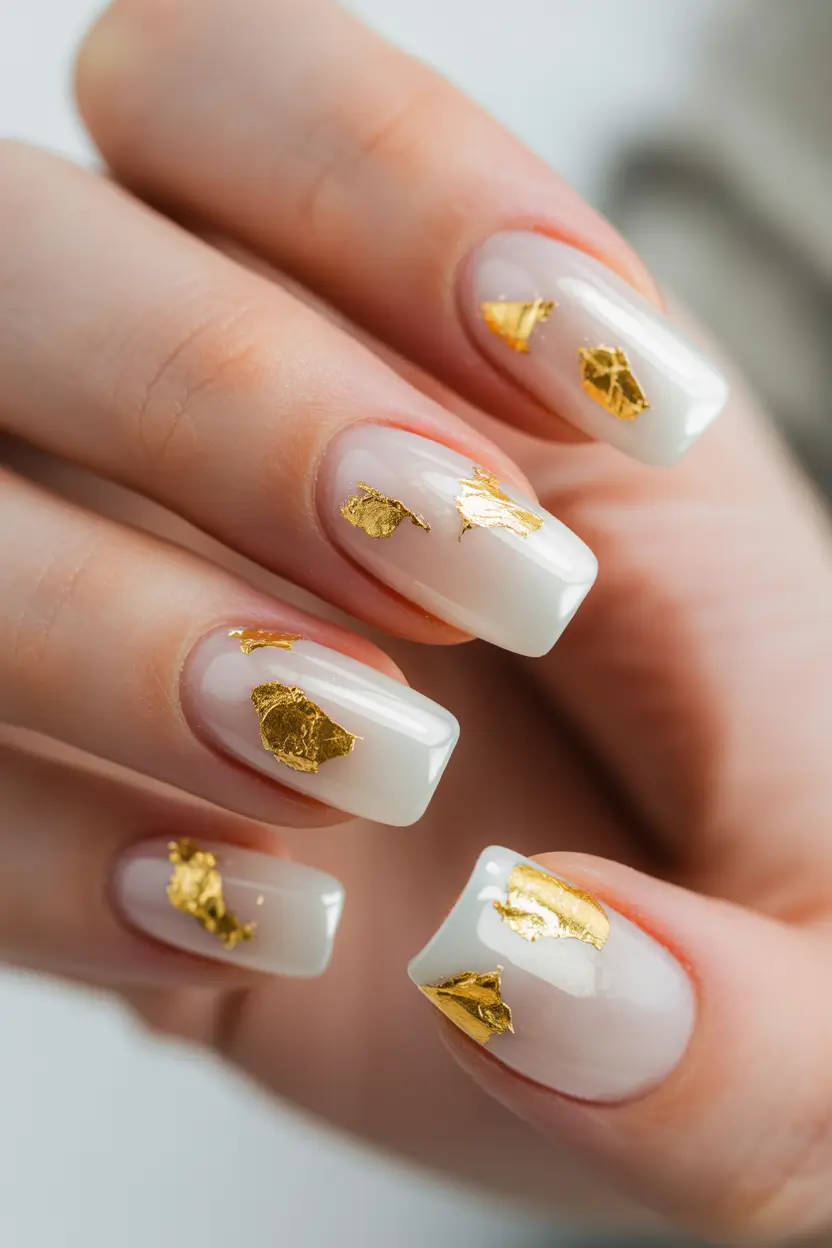 Fall Foil Accent Nails Ivory Cloud with Gold Flakes