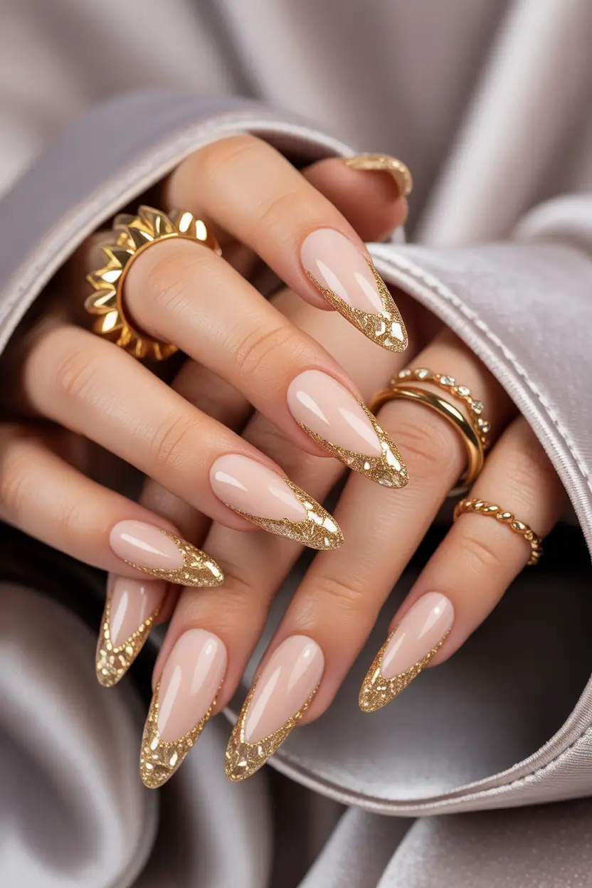 Fall Foil Accent Nails Golden Stiletto Tips