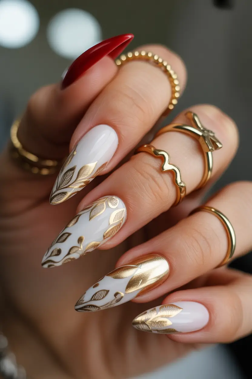 Fall Foil Accent Nails Golden Leaf Art