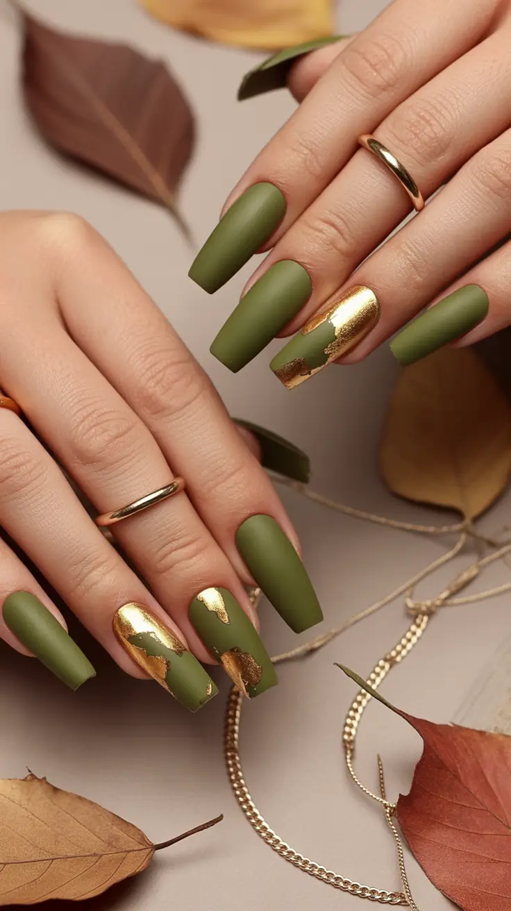 Fall Foil Accent Nails Matte Olive & Gold Foil