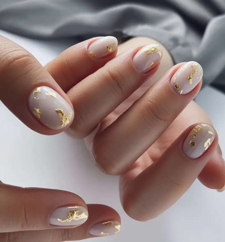 Fall Foil Accent Nails Delicate Gold Flecks on Ivory