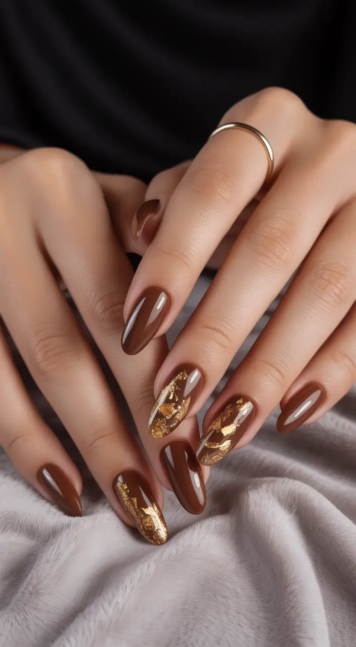 Fall Foil Accent Nails Chocolate Gold Drama