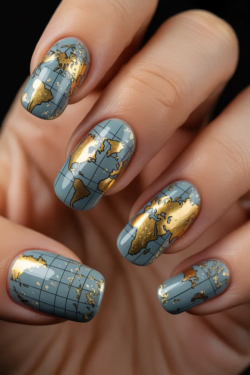 Fall Foil Accent Nails Golden World Map